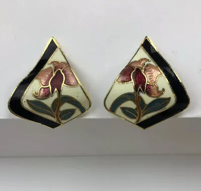 Vintage SG Signed Enamel Clip Earrings Floral Triangle Shape Multi Color • $16.09