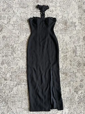 Beaded Sequins Neck Chocker Black Evening Gown XS Prom Black Tie Halter Dress • $49.99