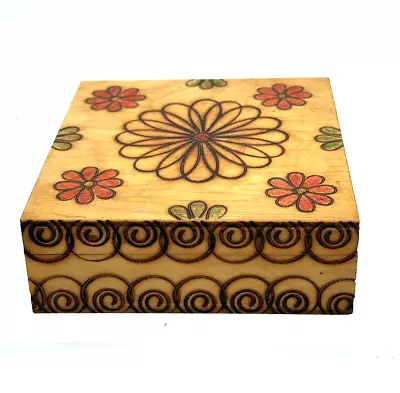 Vtg Boho 1974 Pyrography Carved Wood Trinket Jewelry Box Swirl Flower 4.5  Sq • $14.95