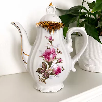 Vintage 50s MOSS ROSE Coffee Teapot White Porcelain Creamer Pink Roses Japan • $52