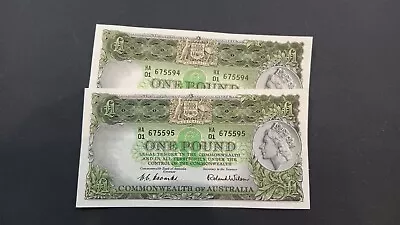 1954 2 X 1 Pound Australian Note Consecutive Coombs Wilson Nice Grade • $245