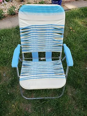 Vintage Lawn Chair Jelly Tube Folding Lounge Pool Vinyl Beach Blue And White • $35