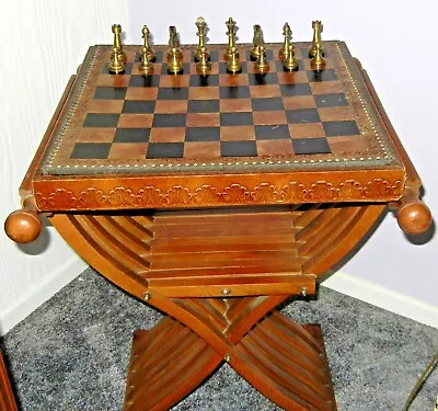 V.G Condition Vintage Chess Set W/ Leather Chessboard & Intricate Wood Stand  • $999