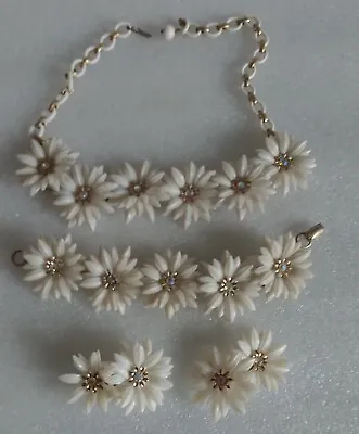 Vintage Coro Necklace Earrings Bracelet Set White Flowers Rhinestone Daisy • $45