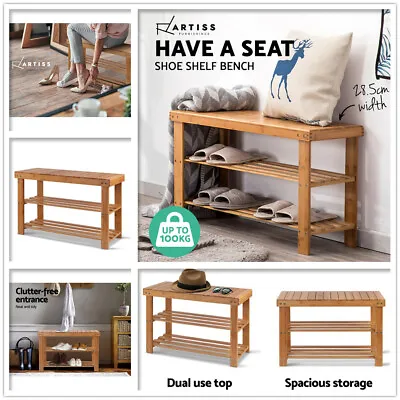 $46 • Buy 3 Tier Shoe Rack Bamboo Storage Shelf Stand Seat Bench Cabinet Organizer Hallway