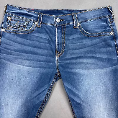 True Religion Jeans Mens 38x32 Blue Ricky Straight Relaxed Stretch Denim Flaps • $49.95