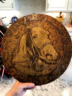 Antique HUGE 15  Hand Carved Wood Pyrography Detailed Horse Head Wall Art • $55