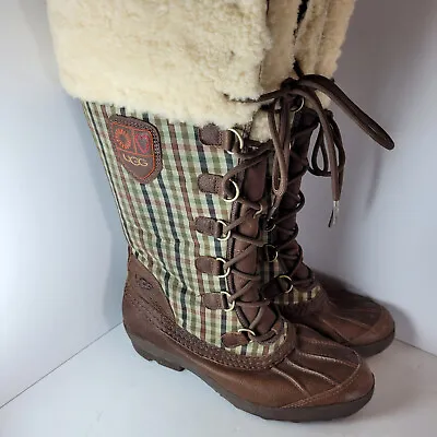 UGG Australia 3226 Edmonton Lace Up Brown Leather Boots Shearling Womens Size 9 • $58.15