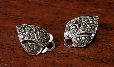 Vintage Silver Tone & Marcasite Leaf Clip-on Earrings • £7.95