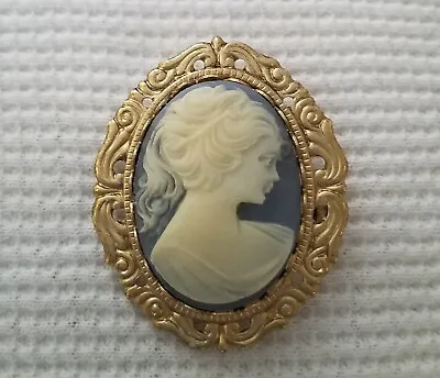 Vintage BLUE CAMEO PIN PENDANT Brooch Victorian Revival Style Jewelry • $15