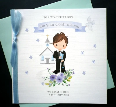 £4.50 • Buy Confirmation / Communion / Christening Card With A Boy & Church / Blue
