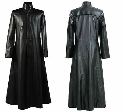 Neo Matrix Trench Coat Keanu Reeves Black Leather Trench Coat Gothic Jacket • $97.85