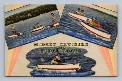 Midget Cruiser Pedal Boats Vintage Linen Advertising Twin Lakes Geneva Wisconsin • $29.99