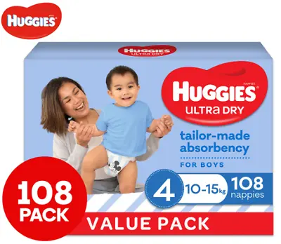 $65 • Buy HUGGIES Ultra-Dry Nappies, Boys, Size 4 (10-15kg), One-Month Supply, 108pk Count