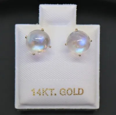 Cute 14K Solid Yellow Gold Natural Blue Moonstone 6-7mm Round Stud Earrings • $74.99