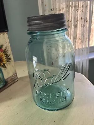 Vintage BALL Blue Glass Perfect Mason Canning Jar Zinc & Porcelain Lid Quart #4 • $7.50