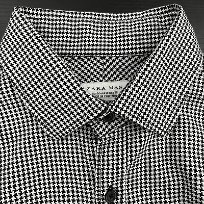 Zara Man Long Sleeve Button Down Shirt Houndstooth Black White Medium Slim Fit • $15.99