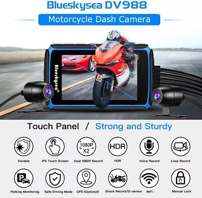 Blueskysea DV988 Dash Cam 140°Weitwinkels 2CH 1080P Motorrad Wifi GPS Camcorder • $125.99