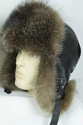 Black REAL SILVER FOX REAL RACCOON Fur REAL LEATHER Trapper Ushanka Hat S-XXL   • $95.20