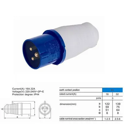 240v 16amp 3 Pin Blue Site Industrial Plugs/ Sockets Male/female Ip44 2p + Earth • £5.98