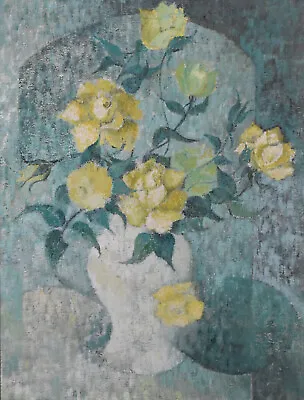 Original Vintage Modernist Oil Painting-Unsigned-Yellow Rose Floral Still Life • $499
