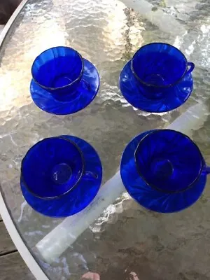 Duralex VERECO Cobalt Blue Rivage Swirl Set Of 4 Cups & Saucers France Textured • $22.99