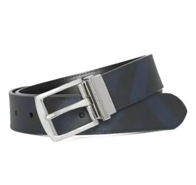 NWT BURBERRY Reversible London Check Belt Navy/Black Leather Buckle 30/75 • $250