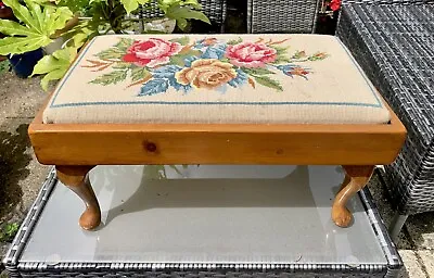 Vintage Long Footstool Queen Anne Legs Needlepoint Upholstery Roses Foot Rest • £40