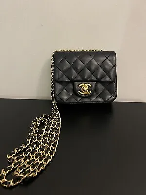 Very Rare Chanel Vintage Micro Classic Quilted Black Leather Flap Bag Chain GHW • £2395