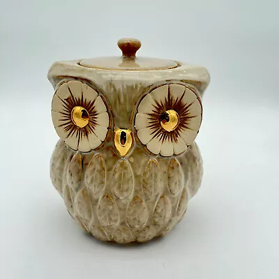 Vtg Ceramic Owl Cookie Jar Rustic Vintage-Look Glazed 7  X 9  Gold Eyes • $28.12