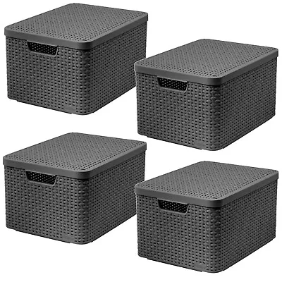 £59.48 • Buy 4x Storage Box Container Basket 4x 30L Lidded Handle Curver Rattan Style L Grey