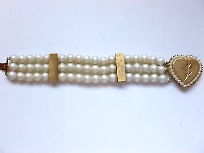 Vintage Signed BSK Triple Strand Satin Faux Pearl Bead Bracelet With Heart Clasp • $18