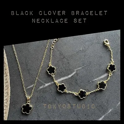 Necklace Bracelet Clover Flower Set Black Women Jewelry Uk Shipping Perfect Gift • £6.99