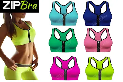 Women Seamless Sports Front Zip Bra Crop Top Vest Comfort Stretch Yoga Sexy Bras • £16.99