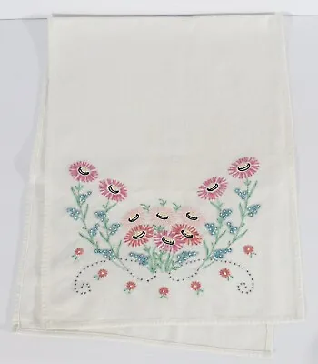 Vintage Floral Hand Embroidered PINK DAISIES Dresser Scarf Table Runner 36.5x14  • $14.99