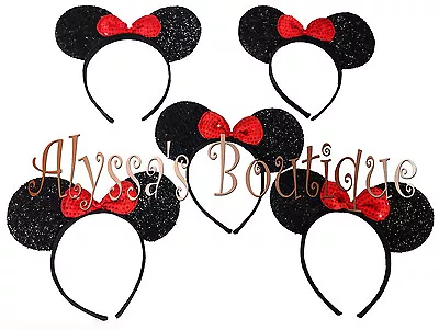 5 Minnie Mouse Ears Headbands Black With Red Bow Party Favors Costume Mickey New • $9.99