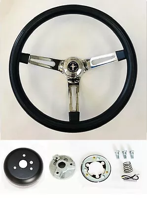 1970-1977 Mustang Black On Chrome Steering Wheel 13 1/2  Mustang Cap Horn Kit • $112.90