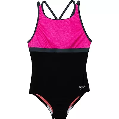 Speedo Big Girl's Sz 10 Swimsuit One Piece Thin Strap High Neck Black Pink • $30.80