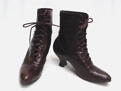 Oak Tree Farms Womens Brown Leather Victorian Lace Up Boots Size 8 1/2 • $99