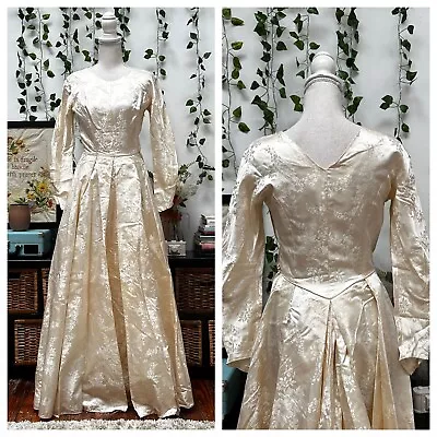 Vintage 40s 50s Liqud Slipper Satin Wedding Dress Floral Long Sleeves Modest XS • $149.99