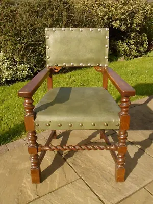 Vintage Oak Green Faux Leather Barley Twist Carver Arm Chair Desk Dining Bedroom • £49.99