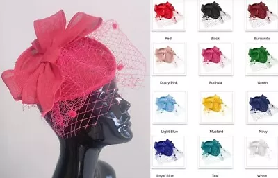 Teardrop Pillbox Base Large Bow Fascinator With Birdcage Veil On Headband UK • £19.99