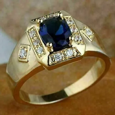 3Ct Oval Lab-Created Blue Sapphire Men's Engagement Ring 14KYellow Gold Plated • $99.99