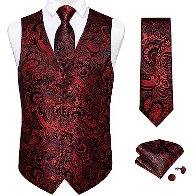 $21.62 • Buy Mens Burgundy Red Paisley Wedding Vest Silk Woven Waistcoat Tie Cufflinks Set