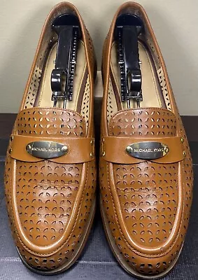 US 11- MICHAEL KORS Finley Loafers Flat Shoes Brown Luggage Laser Cut Leather • $68