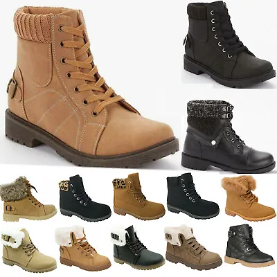 £17.95 • Buy Womens Winter Ankle Boots Ladies Army Combat Flat Grip Sole Fur Lined Shoes Size