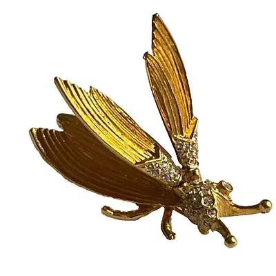 Vintage Hattie Carnegie Flying Bug Trembler Pin Brooch Gold Tone Signed Wings • $44.95