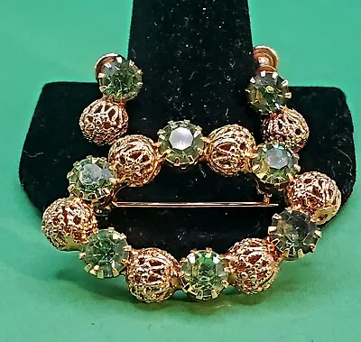 Vintage Green & Gold Brooch & Screw Back Earring Set • $36