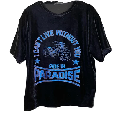 $9.98 • Buy Zara Ride In Paradise Velvet Motorcycle Bike Blue Foil Crop Tee T-Shirt Top S