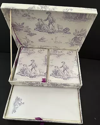 2001 Laura Ashley Stationary Purple Toile Note Cards Sheets In Reusable Box NEW • £28.94